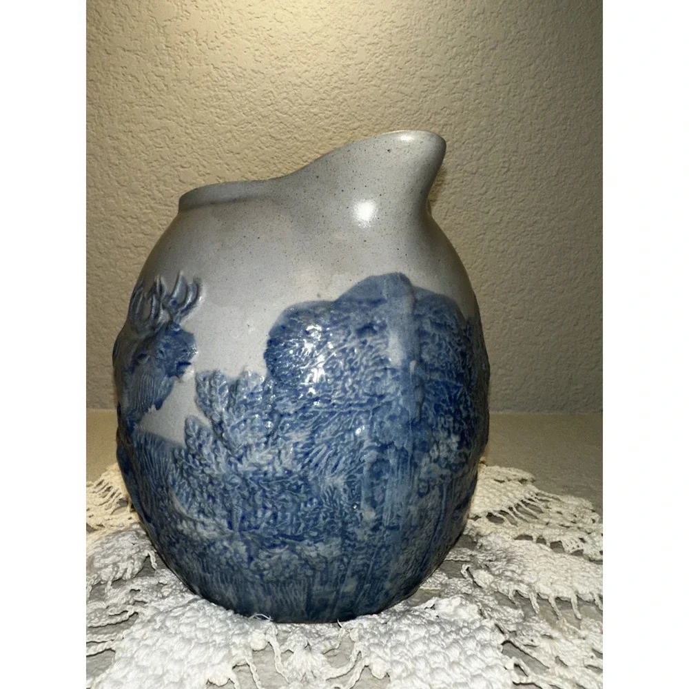 Antique Krenning Glass Co St Louis Blue Gray Stonewear Hunting Scene Pitcher
